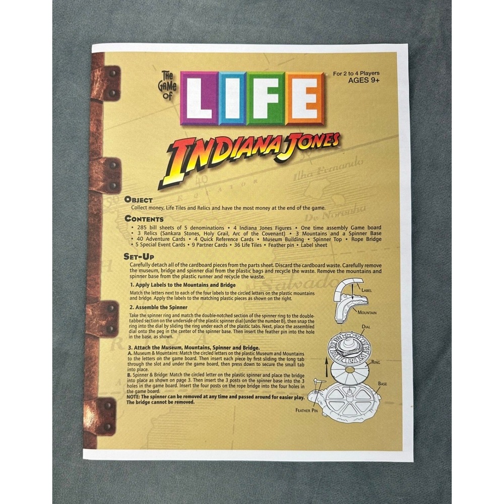 The Game of Life Indiana Jones Edition Replacement Instructions Manual 2008 MB